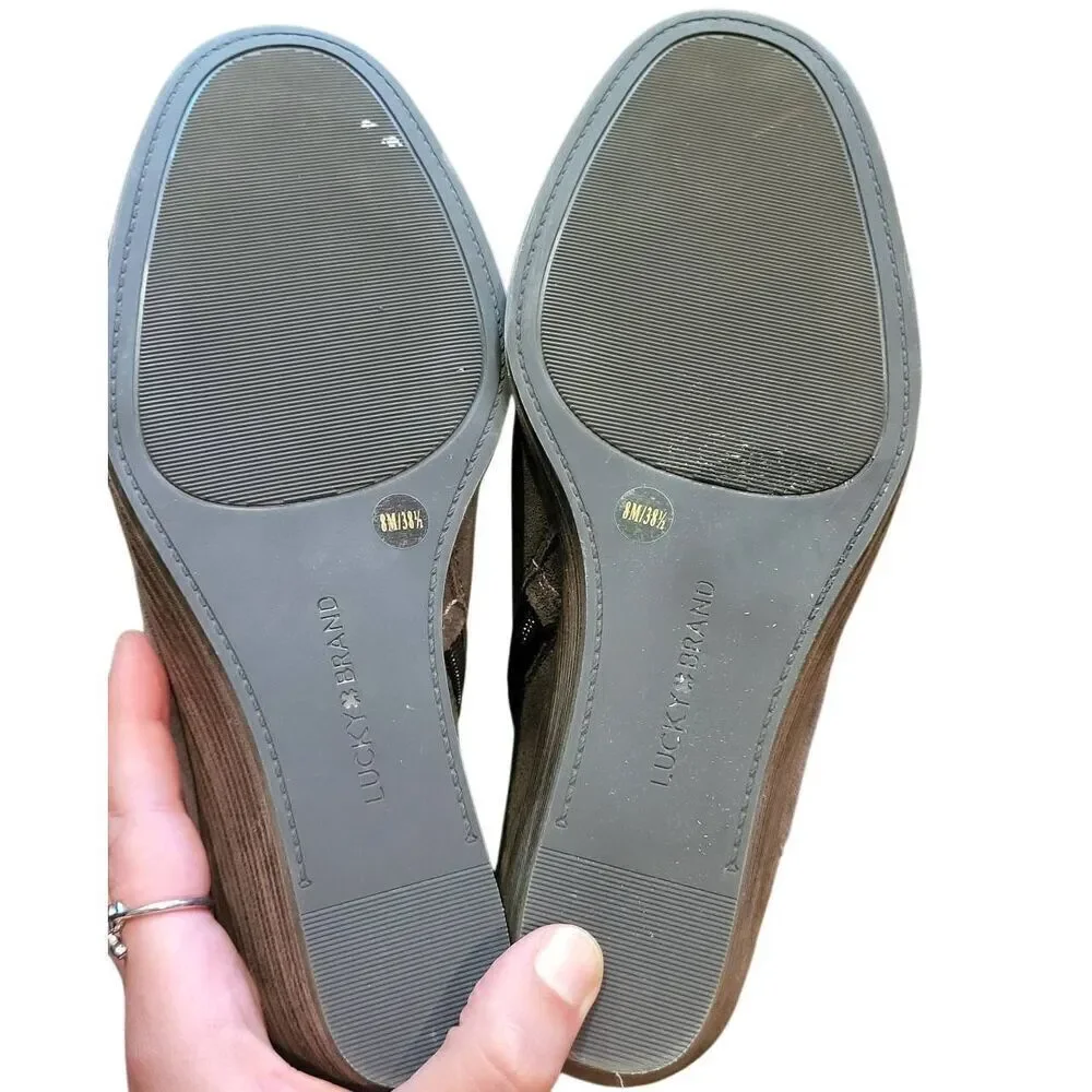 Lucky Brand Booties Women's 8 Taupe Brown Zollie Suede Leather Wedge Heel Cutout